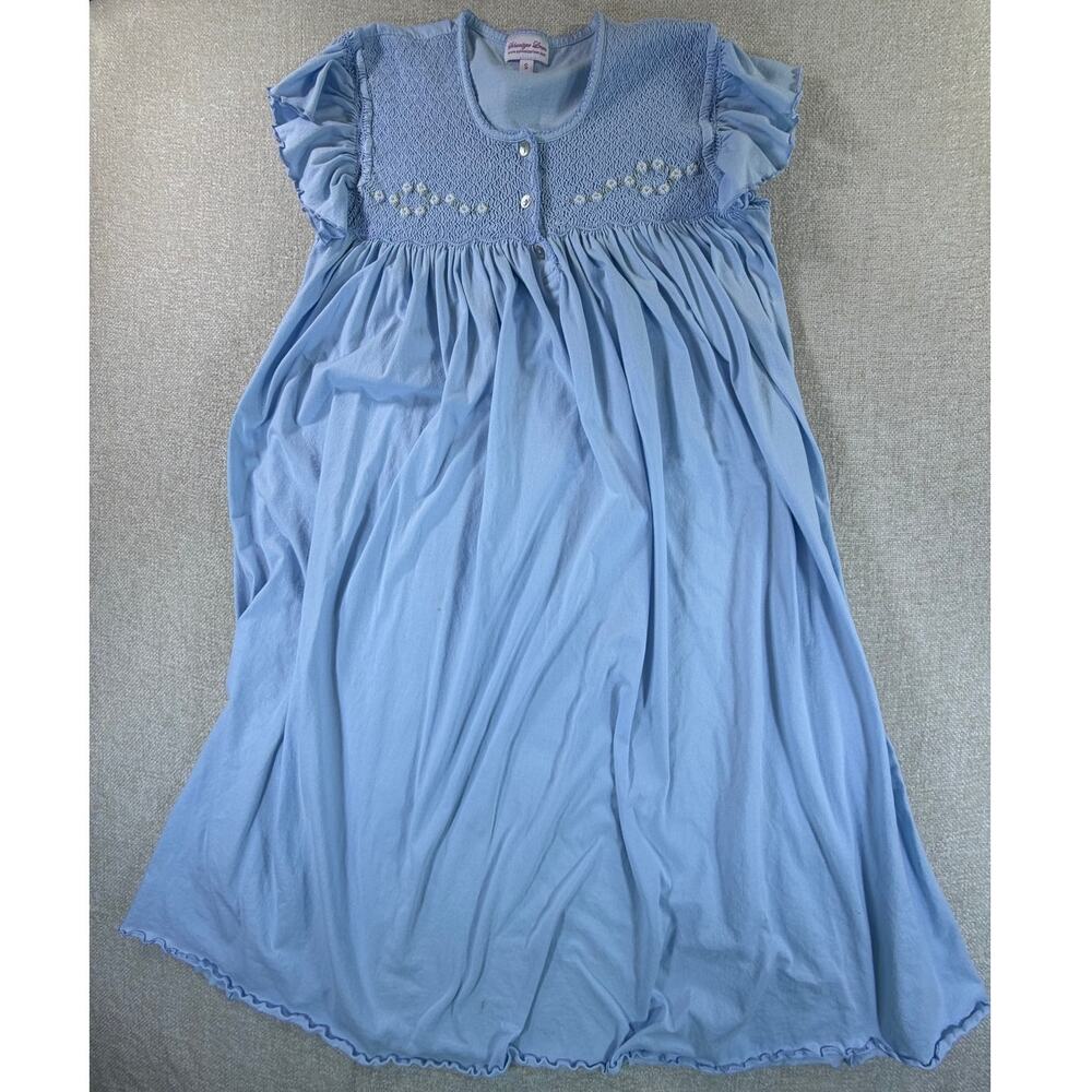 Schweitzer Linen Women's Small Blue Floral Ruched Bodice Cap Sleeve Nightgown